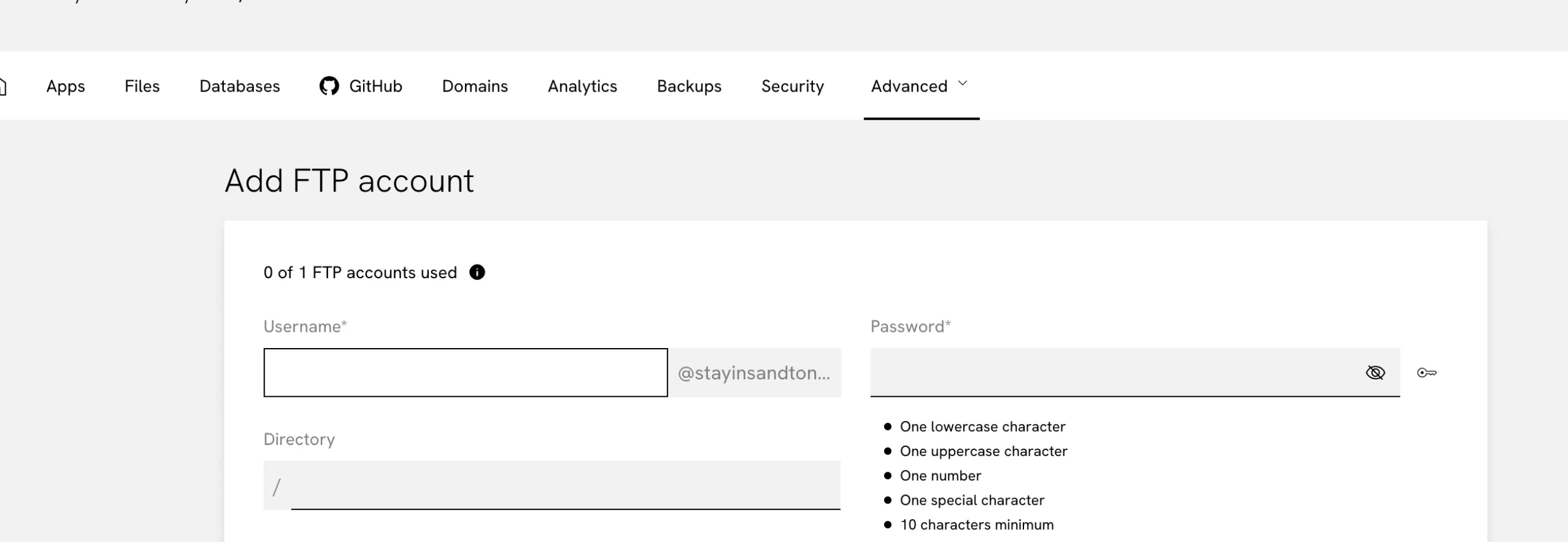 The Add FTP account page. A line above the fields reads 0 of 1 FTP accounts used. Below it a Username field with the domain fixed beside it, a Password field beside a list of five rules reading one lowercase character, one uppercase character, one number, one special character and ten characters minimum, and a Directory field defaulting to a single slash.