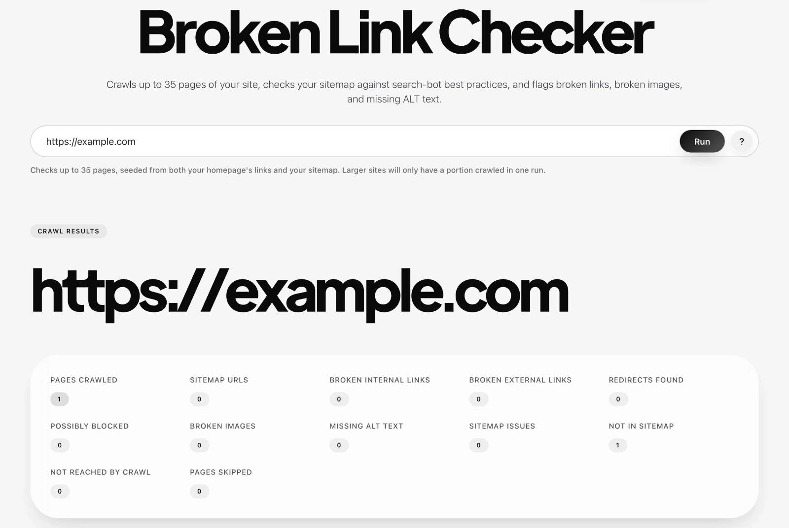 A crawl report for example.com showing one page crawled and eleven other counters at zero, with one page not in the sitemap as the only non-zero figure.