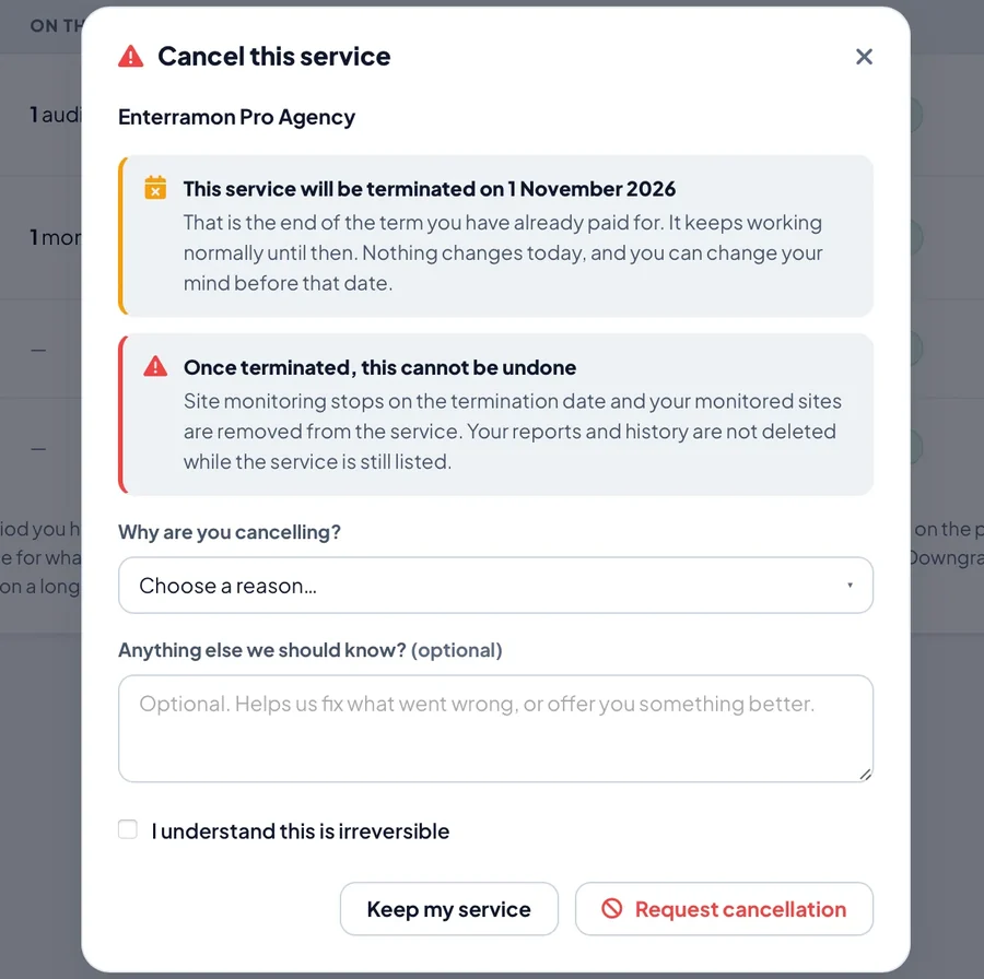The Cancel this service dialog. A warning panel reads that the service will be terminated on 1 November 2026, the end of the term already paid for, and that nothing changes today. A second panel reads that once terminated it cannot be undone, and explains what that means for this product. Below are a reason dropdown, an optional free text field, a tick box reading I understand this is irreversible, and the buttons Keep my service and Request cancellation.