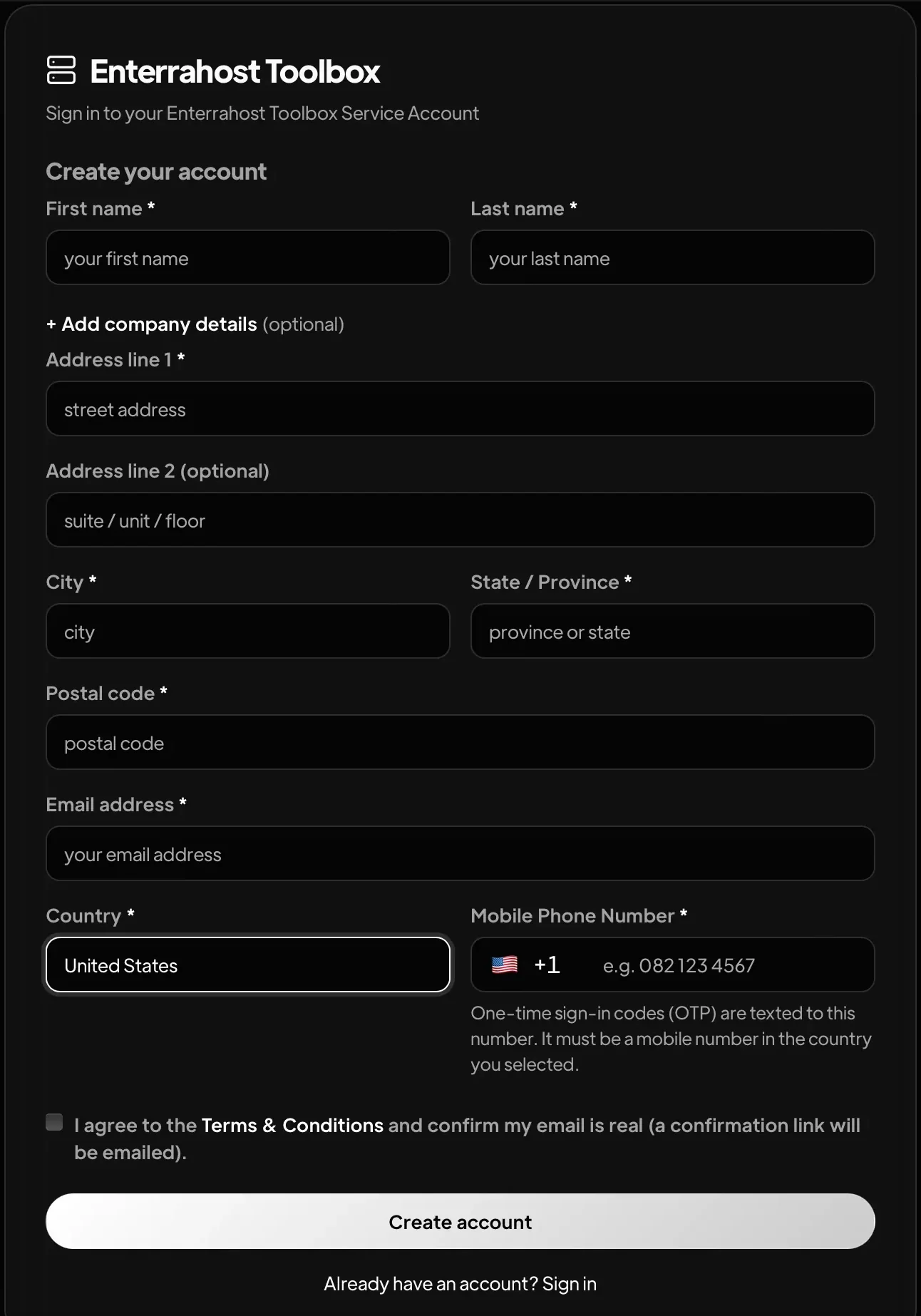 The toolbox create-account form. First name and last name are side by side, then a link reading Add company details (optional), then Address line 1, Address line 2, City, State or Province, Postal code, Email address, Country and Mobile Phone Number. Address line 1, City, State or Province, Postal code, Email address, Country and Mobile Phone Number each carry an asterisk.