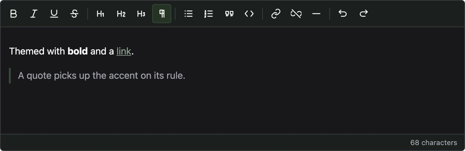 The same accent color in dark mode. The link text has lightened to 8fa08e to reach 6.40 to 1 against the dark background.