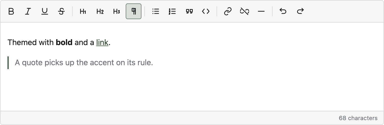 The editor with the accent color 345332 applied in light mode. Links and the active toolbar button are a dark green derived to reach 10.28 to 1 against the light background.