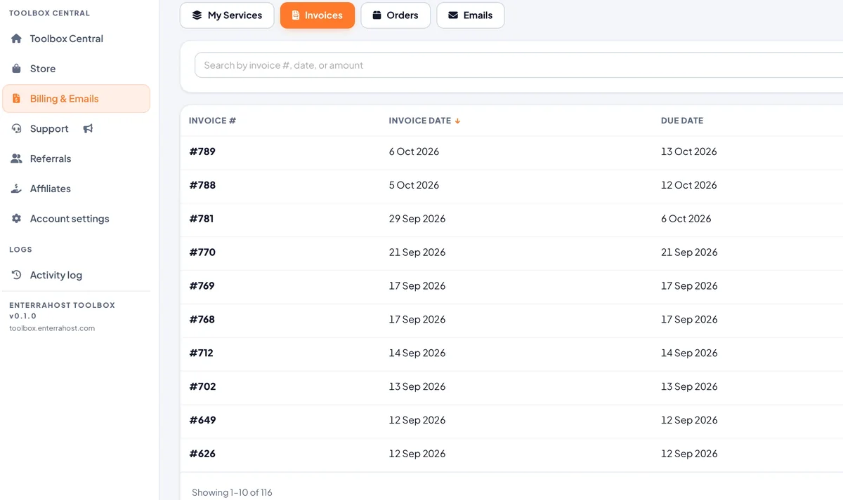 The toolbox invoices list. A search box reading Search by invoice number, date, or amount sits above a table with columns for invoice number, invoice date, due date and due date, rows for invoices 789 down to 626 in date order, and a line below reading Showing 1 to 10 of 116.