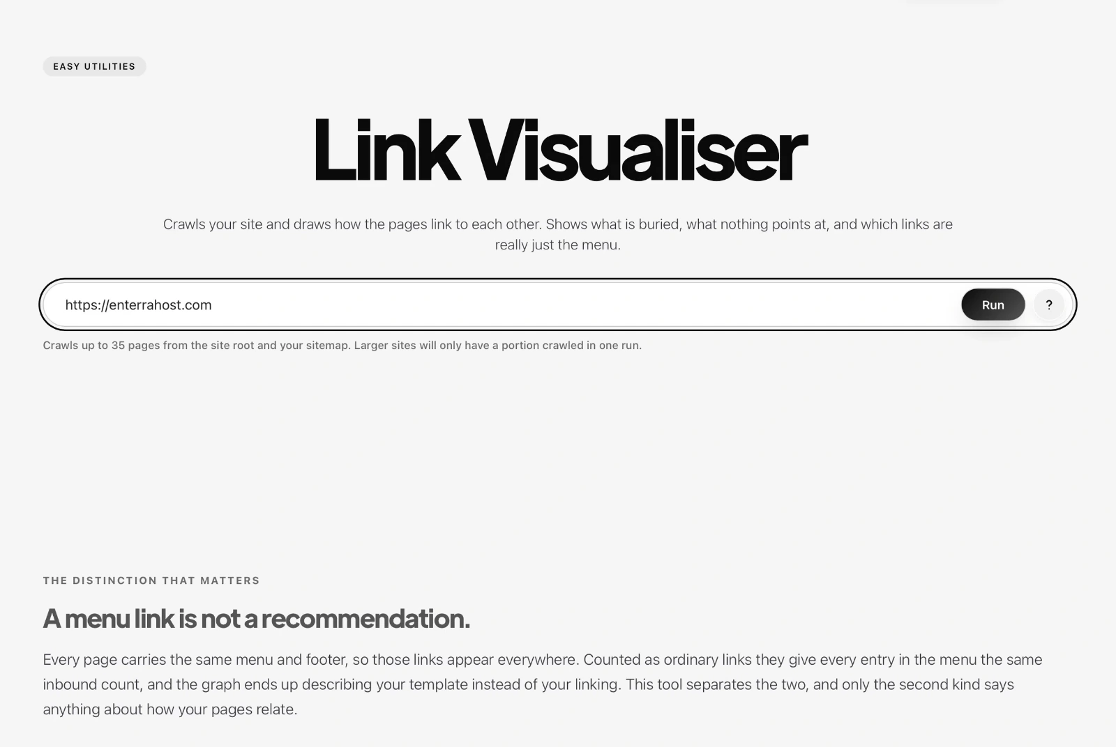 The Link Visualiser page with enterrahost.com in the address field, a Run button, and a note reading that a menu link is not a recommendation.