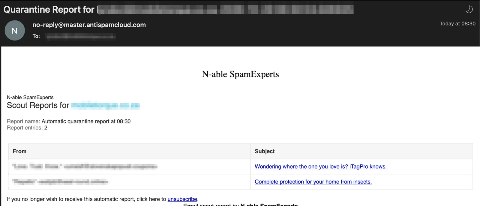 The Email Scout Report as it arrives. The subject line reads Quarantine Report for a redacted address and a timestamp, it is sent by no-reply at master.antispamcloud.com, and the recipient address is redacted. The body is headed N-able SpamExperts, then a line reading Scout Reports for and a redacted domain. Below that, Report name reads Automatic quarantine report at 08:30 and Report entries reads 2. A two column table headed From and Subject contains two rows whose sender cells are redacted, with the subjects reading Wondering where the one you love is, iTagPro knows, and Complete protection for your home from insects. A line at the foot offers an unsubscribe link.