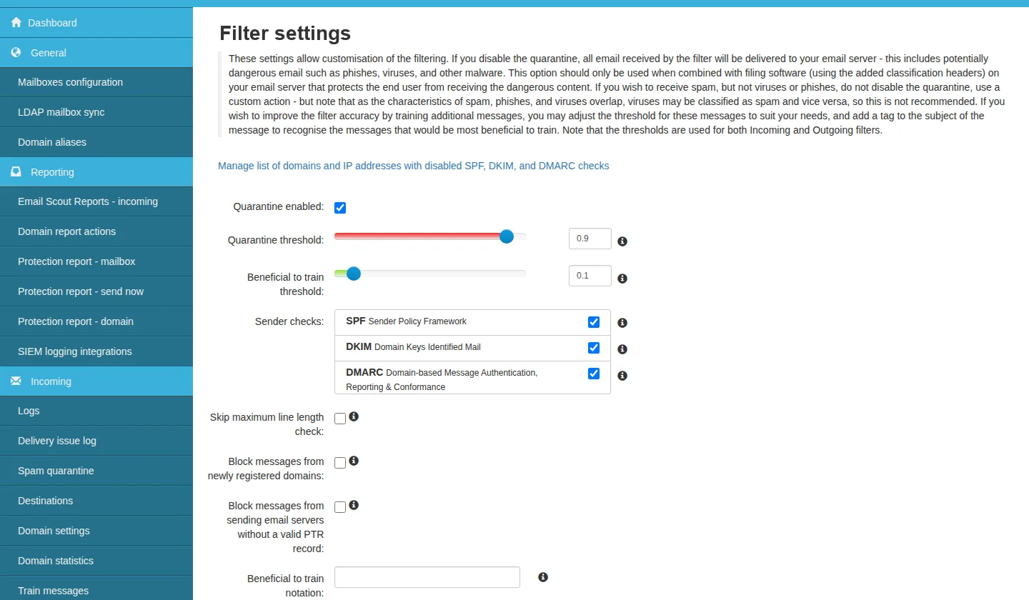The Filter settings page. Quarantine enabled is ticked. Quarantine threshold is a slider with a field reading 0.9, and Beneficial to train threshold is a slider with a field reading 0.1. Sender checks lists SPF Sender Policy Framework, DKIM Domain Keys Identified Mail and DMARC Domain-based Message Authentication, Reporting and Conformance, all three ticked. Below them are unticked options for Skip maximum line length check, Block messages from newly registered domains and Block messages from sending email servers without a valid PTR record, then a Beneficial to train notation field.