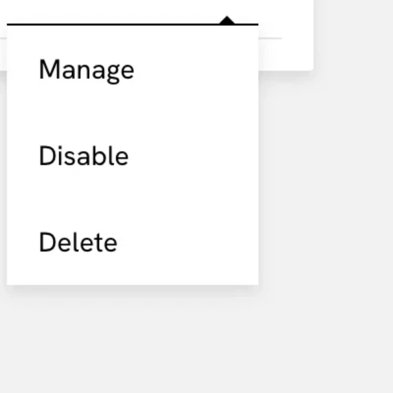 The three dot menu at the right of a website row, open, showing Manage, Disable and Delete as the three options.