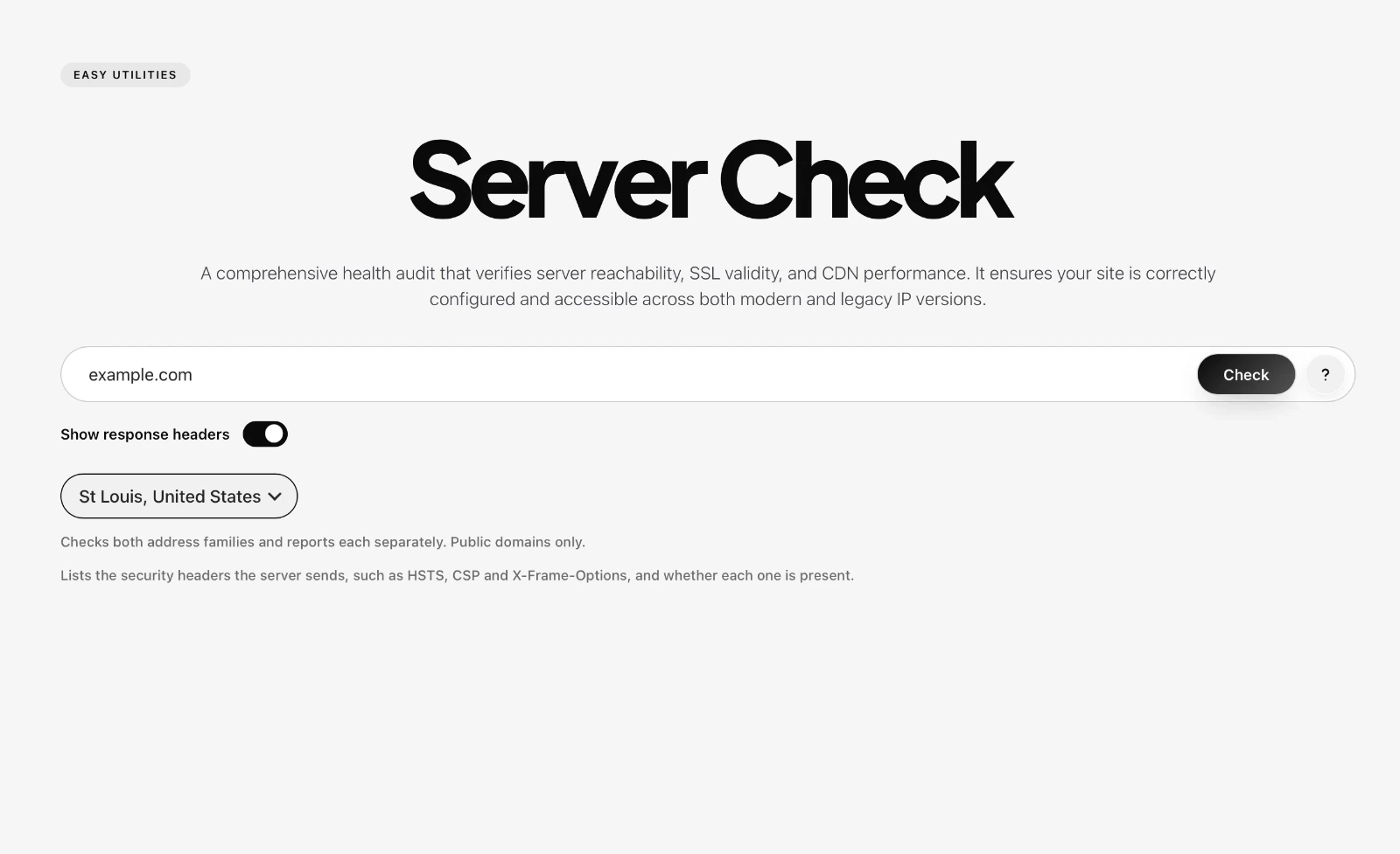 The server check form with example.com typed in, the Show response headers toggle switched on, and the St Louis, United States region selected.
