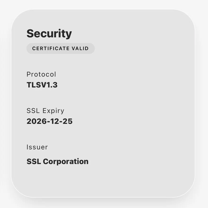 The Security card from a server check of example.com. It reads CERTIFICATE VALID, Protocol TLSV1.3, SSL Expiry 2026-12-25 and Issuer SSL Corporation.
