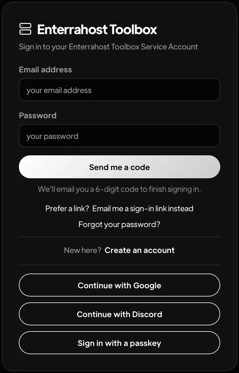 The toolbox sign-in card. Email address and Password fields sit above a Send me a code button, with a note that a 6-digit code finishes signing in. Below it are links reading Prefer a link, Email me a sign-in link instead and Forgot your password, then New here, Create an account, then buttons for Continue with Google, Continue with Discord and Sign in with a passkey.