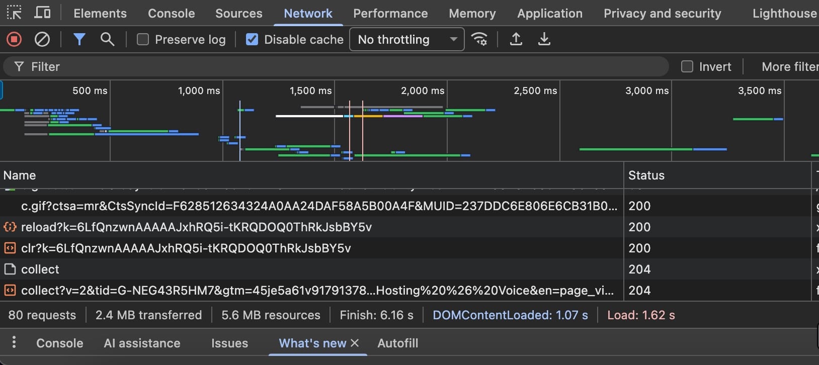 Example page load from Chrome using Developer Tools