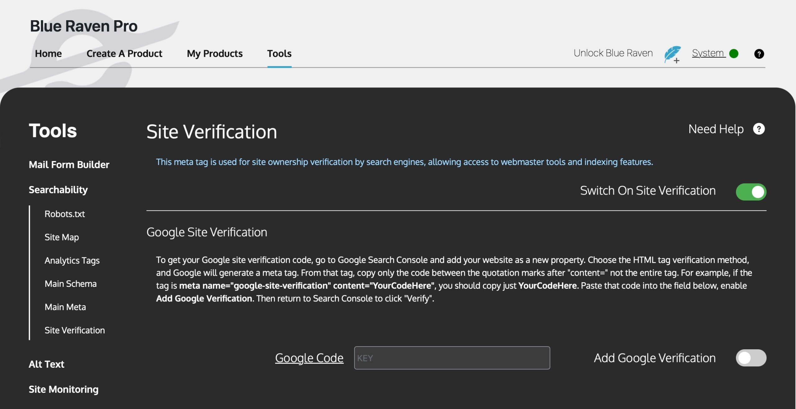 Blue Raven Pro site verification area in Searchability Tools
