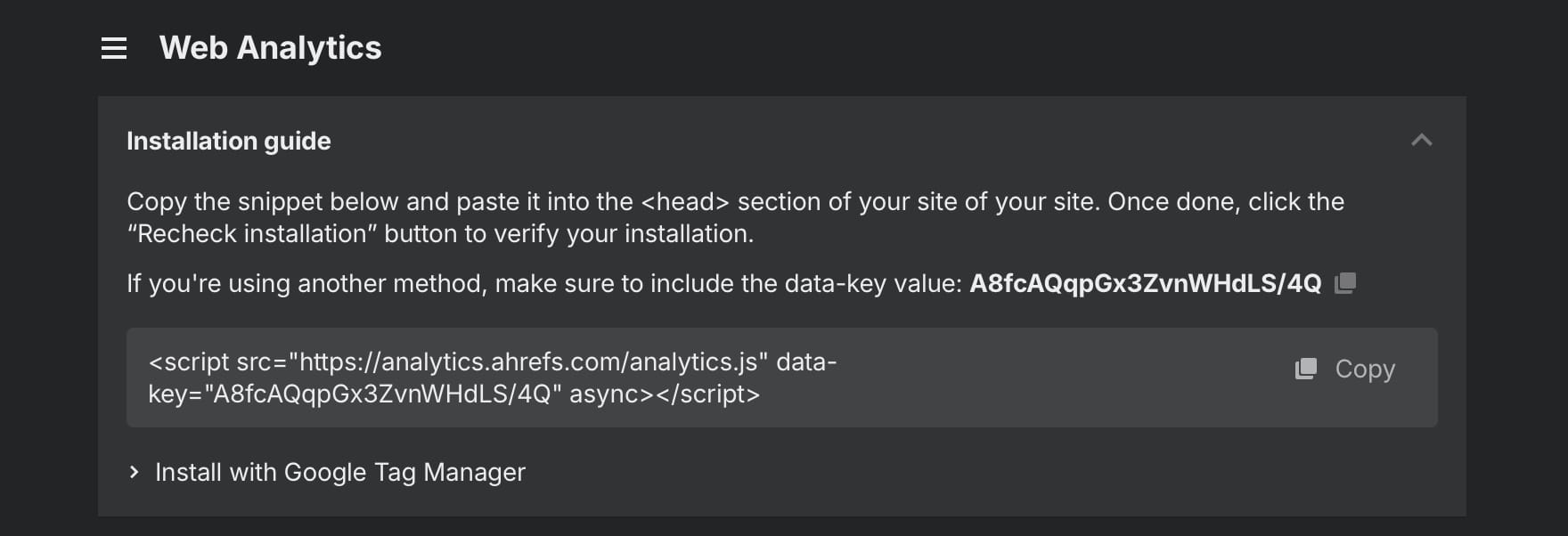 Ahrefs dashboard showing the site verification tag that needs to be installed