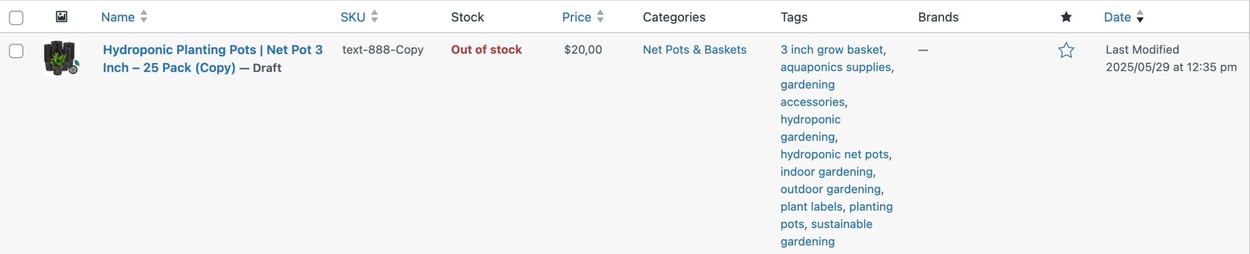 Out of stock: Hydroponic Planting Pots, 3-inch, 25 Pack, priced $20, under Net Pots & Baskets category, draft status.