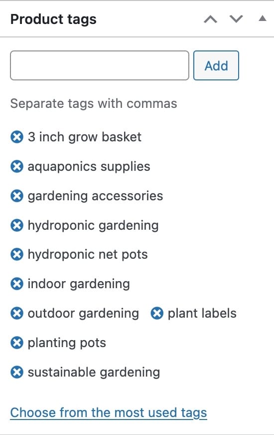 Product tags list includes: 3 inch grow basket, aquaponics supplies, gardening accessories, hydroponic gardening.