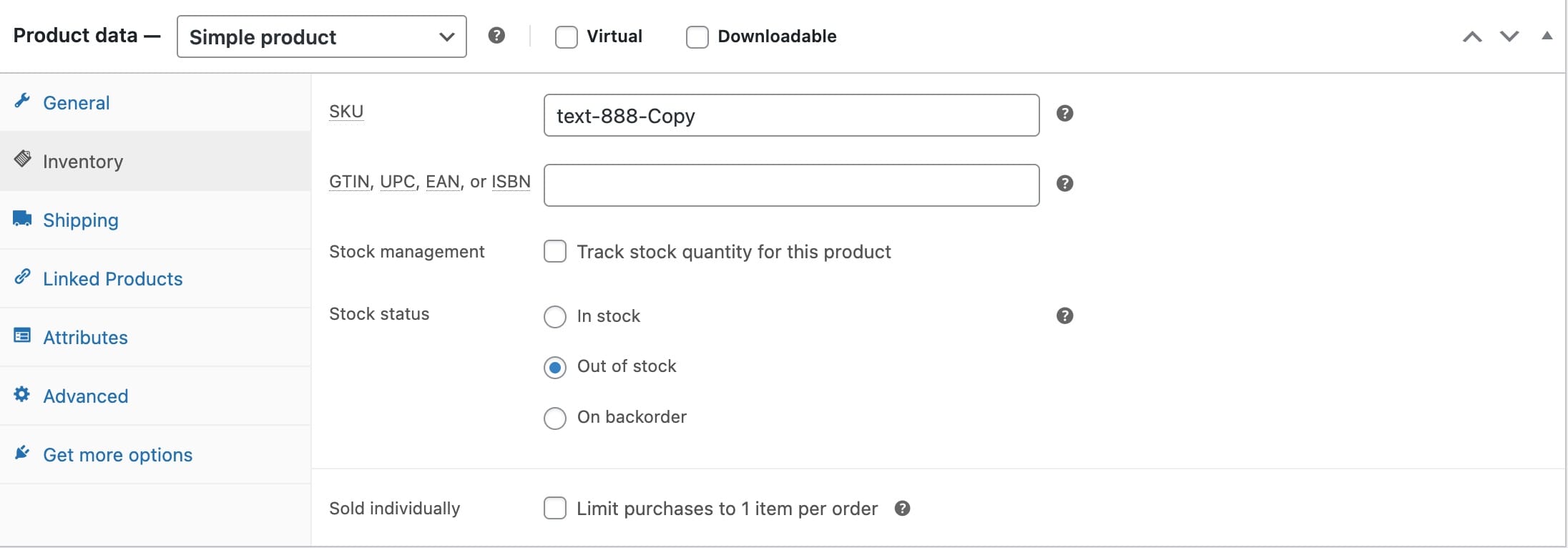WooCommerce product inventory settings showing "Out of stock" selected with SKU text-888-Copy.