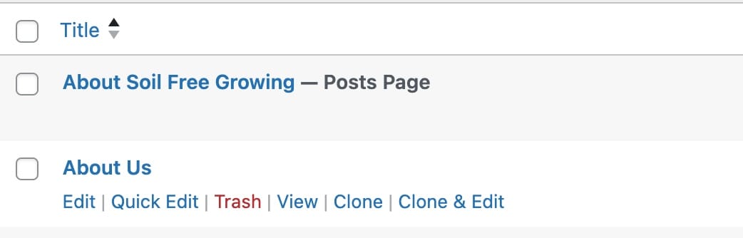Admin page interface showing options to edit or delete a post titled "About Soil Free Growing" and "About Us."