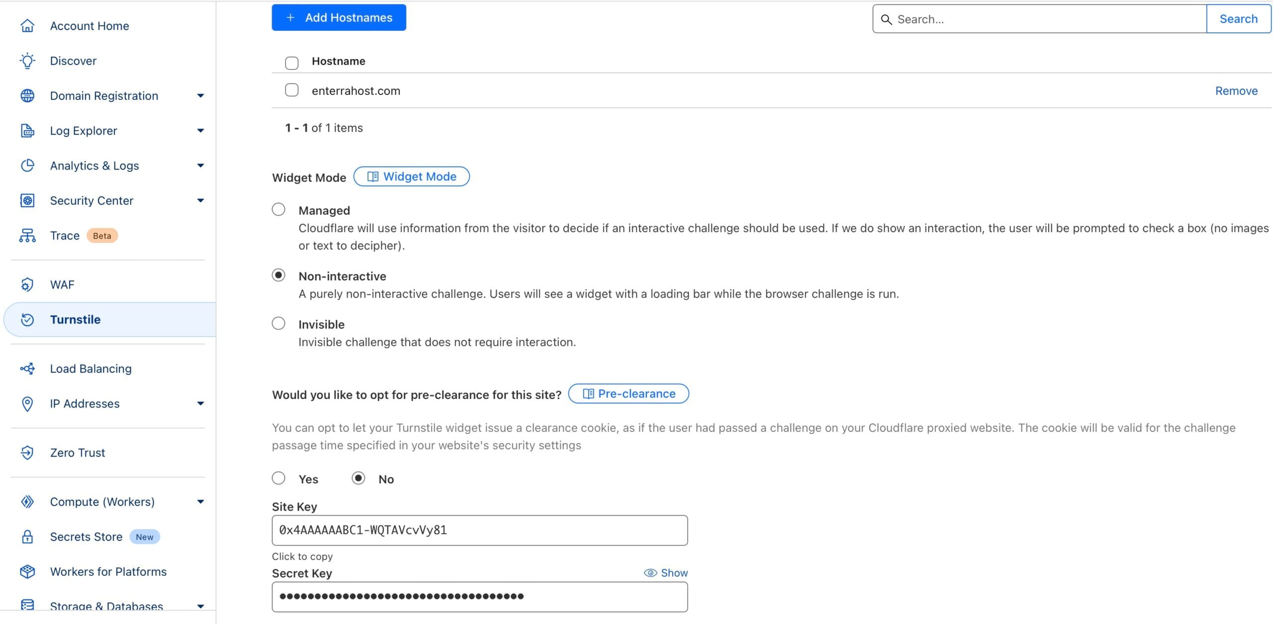 Cloudflare Turnstile settings page showing widget mode options, site key, and pre-clearance choice for security challenges.