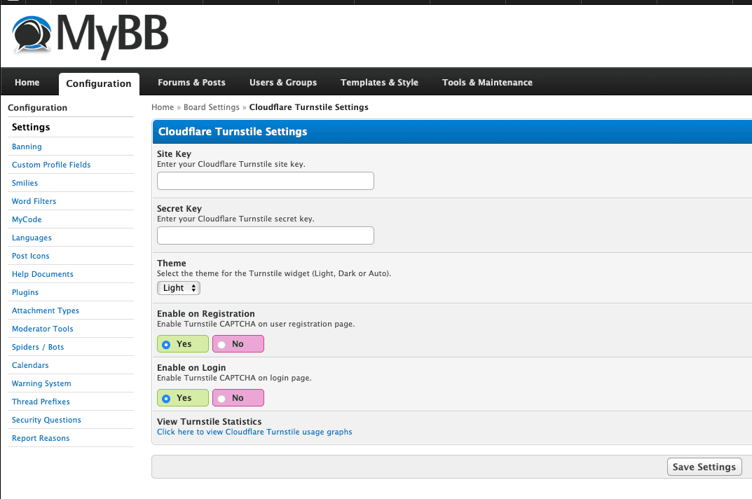 Screenshot of MyBB Cloudflare Turnstile settings page with fields for Site Key, Secret Key, and theme options.