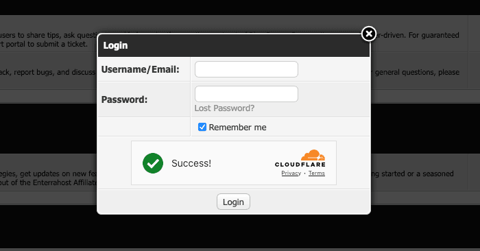 Login popup with fields for username, password, and a remember me option. Success message verified by Cloudflare.