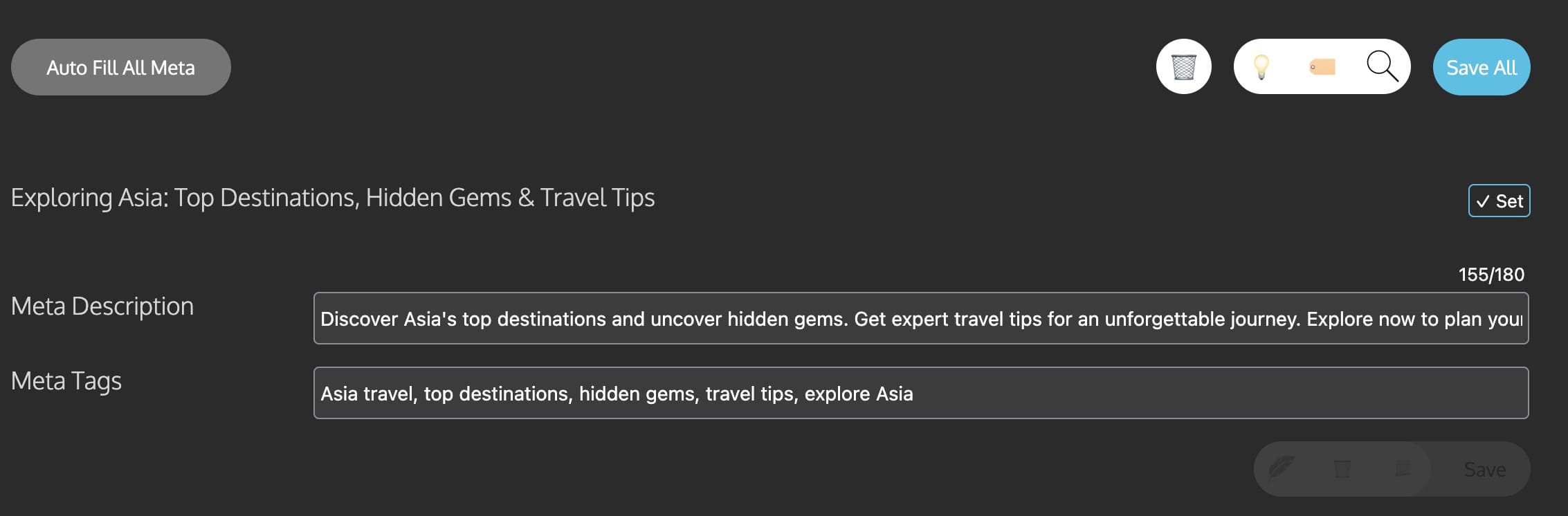 Screenshot of a text editor interface for setting meta details on travel content about Asia.