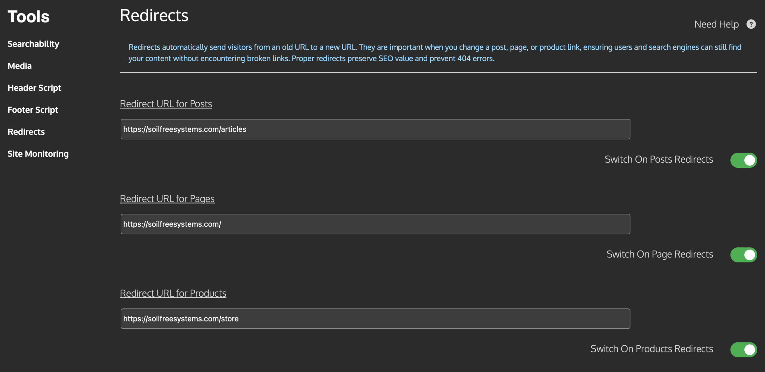 Redirect settings page with URLs for posts, pages, and products shown, all redirects are switched on.