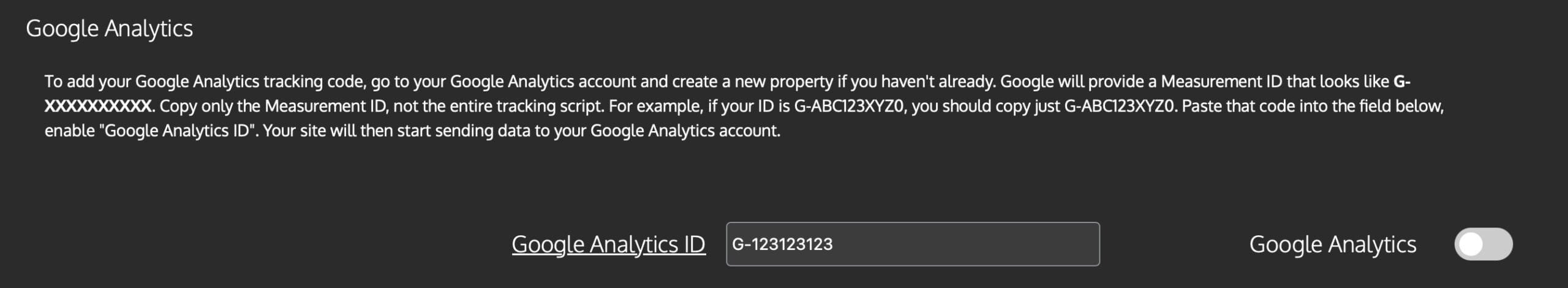Google Analytics setup guide showing where to enter and enable Google Analytics ID, with example ID G-123123.