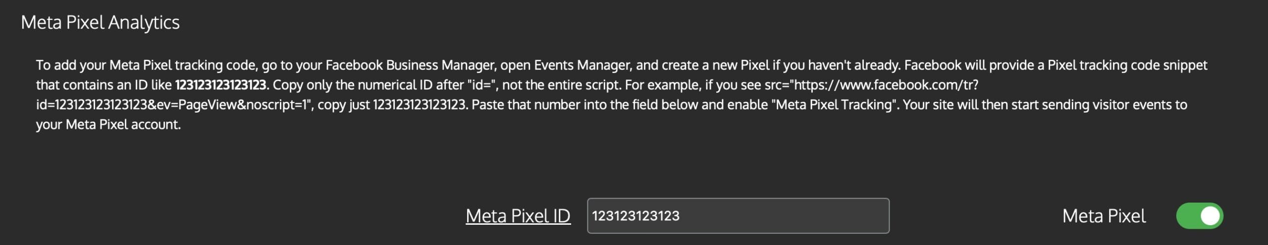 Instructions for adding a Meta Pixel ID in a settings interface with an input box and toggle switch.