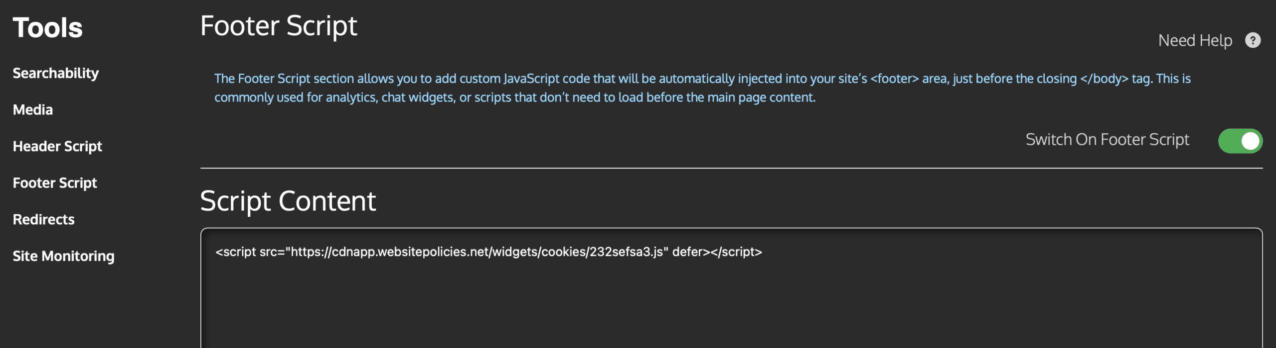 Dashboard showing Footer Script settings with script example and toggle switch.