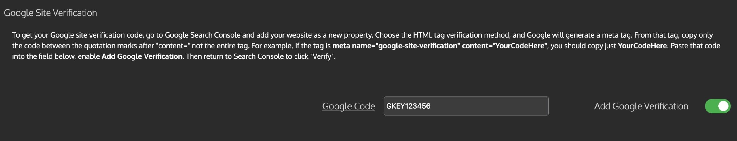Google Site Verification instructions with example code input field for "GKEY123456" and toggle for adding verification.
