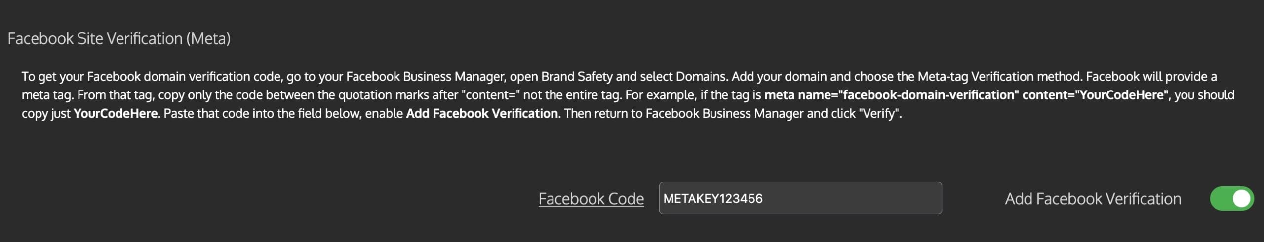 Instructions for Facebook site verification via Business Manager with a field for entering a verification code.
