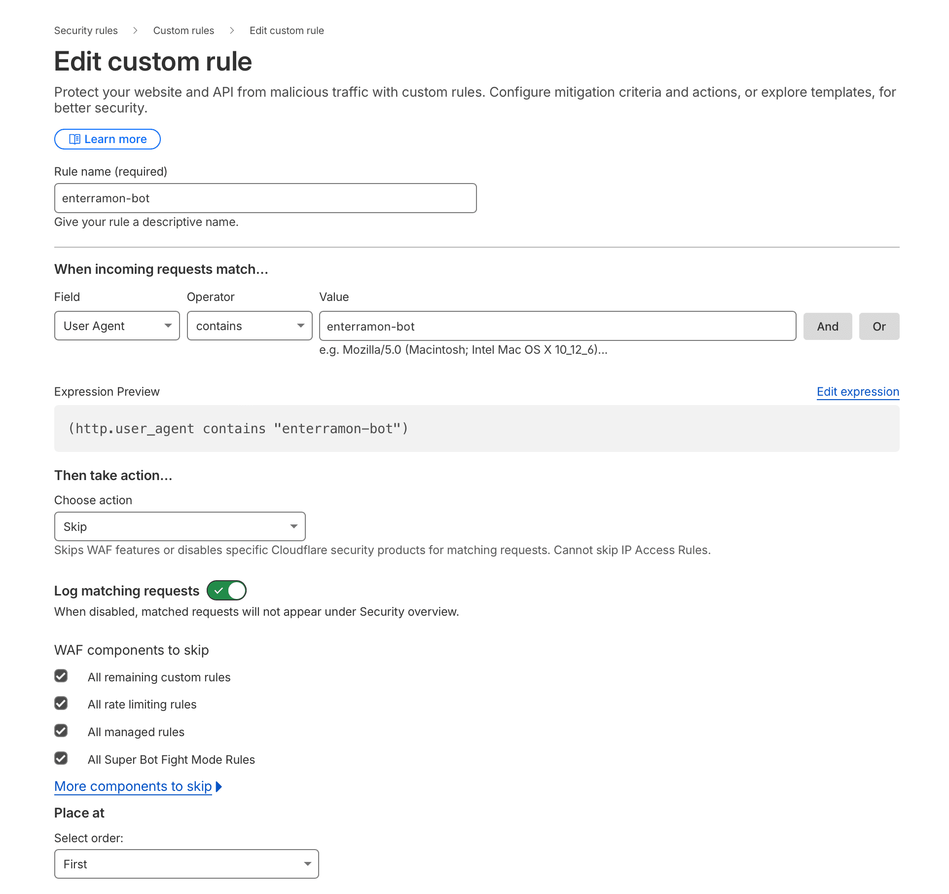 Cloudflare rule setup screen to bypass WAF for user agent "enterramon-bot," with options to skip security features.