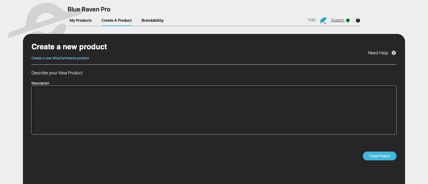 Blue Raven Pro interface for creating a WooCommerce product, highlighting description area and 'Create Product' button.
