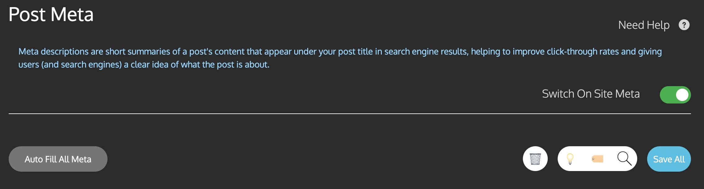 Post Meta settings interface with meta description guidance and save options, on a dark background.