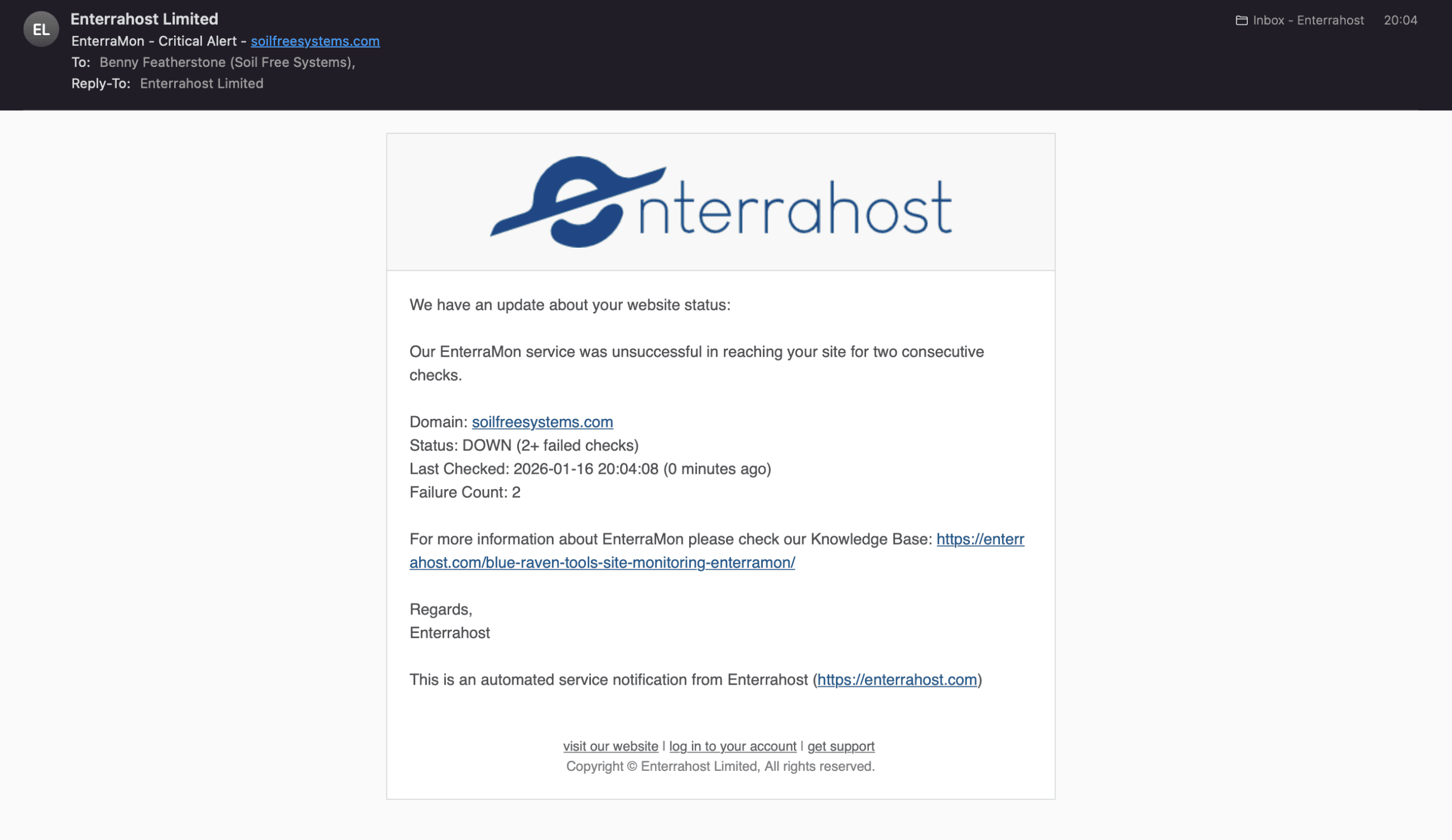 Notification email from Enterrahost about website down status for soilfreesystems.com after two failed checks.