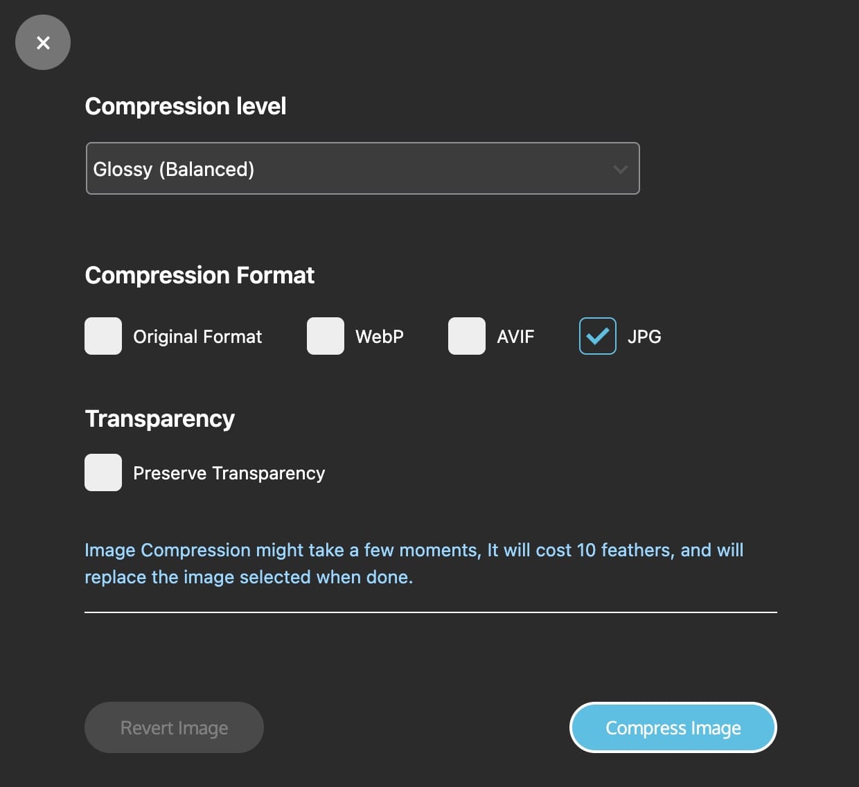 Image compression tool with options: compression level, format (JPG checked), and transparency settings.