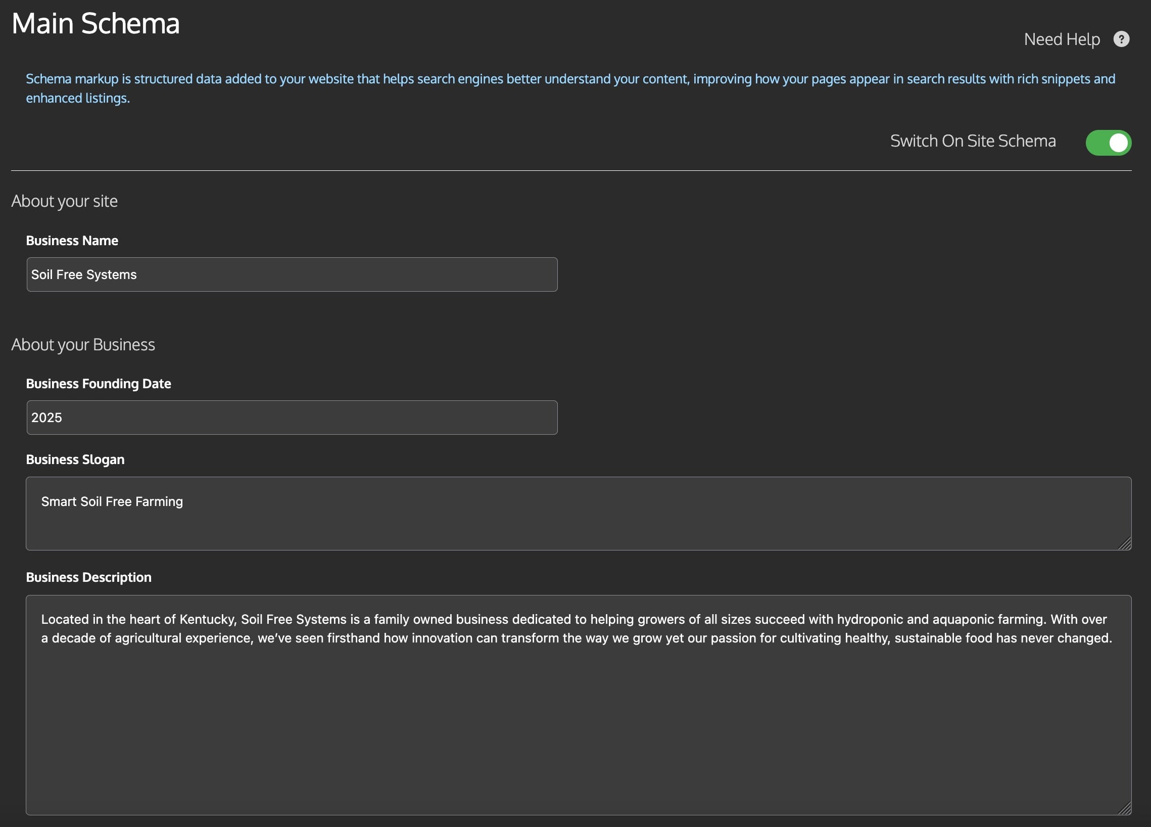Screenshot of a Main Schema form showing business details for Soil Free Systems, including name, founding date, and slogan.