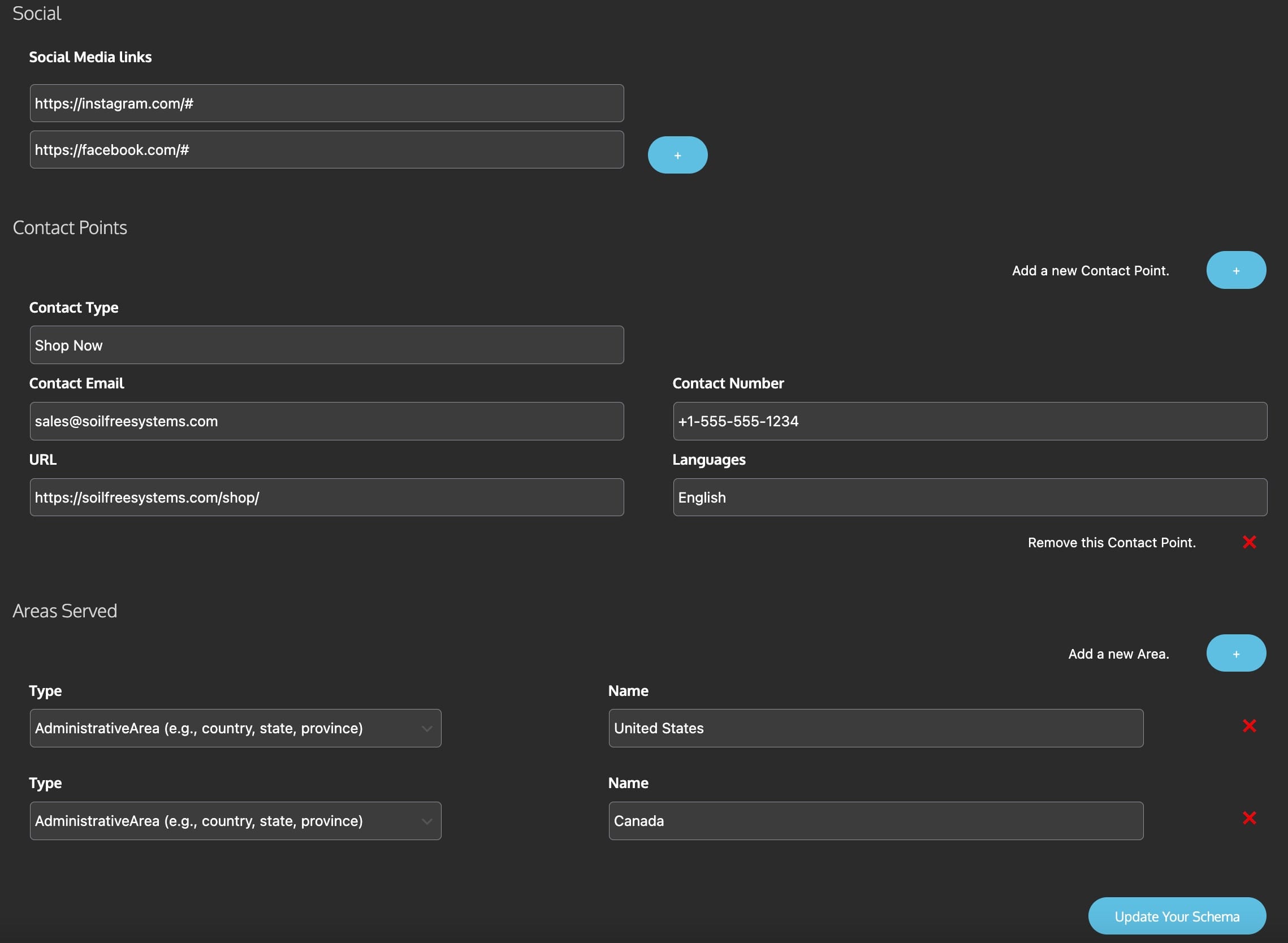 Form fields for social media links, contact details, and areas served, with options to add or remove entries.