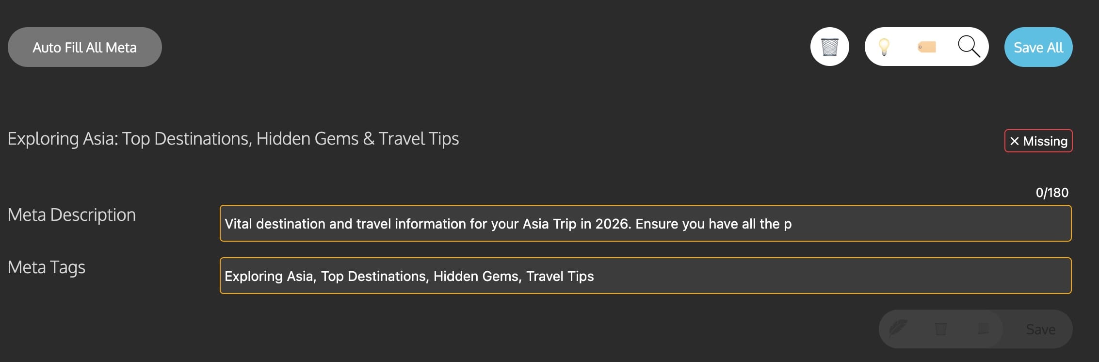 Screenshot of a text editor showing meta description and tags for Asian travel tips and destinations.