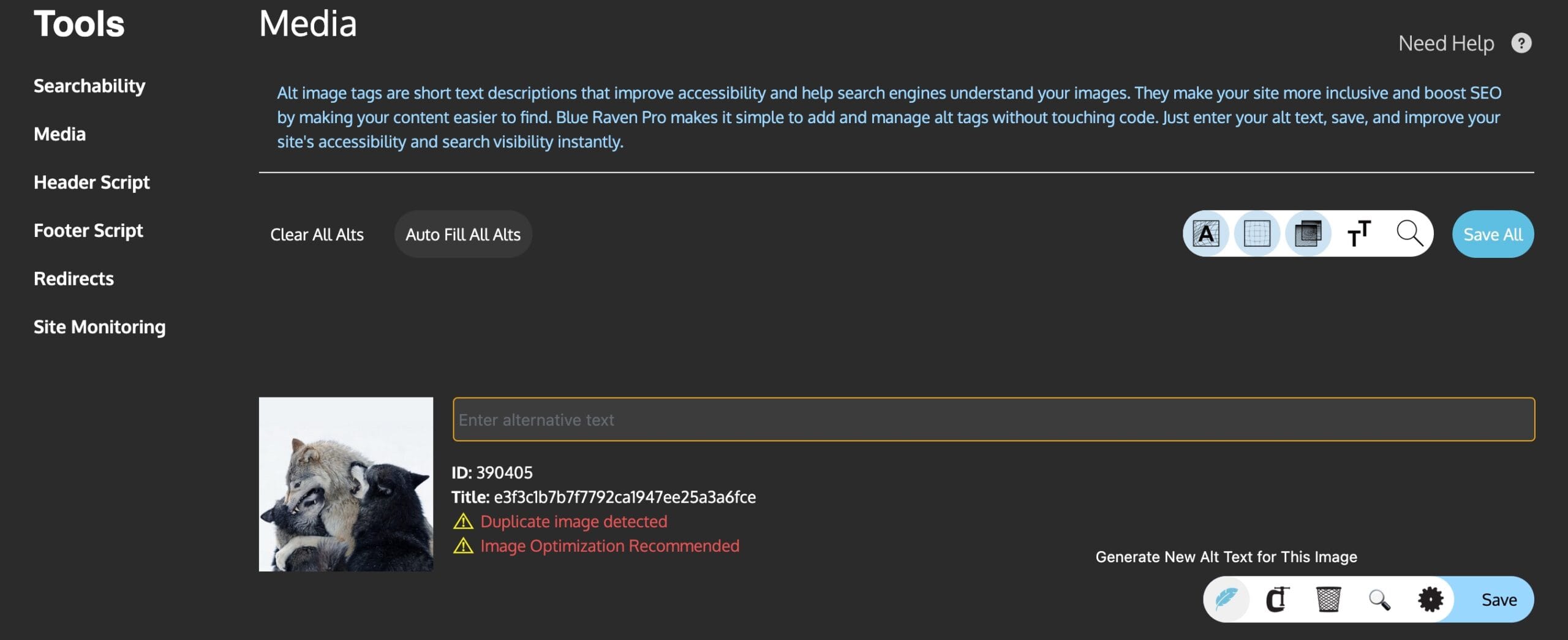 Media management interface showing options for adding alt text, with an image of a cat and dog cuddling.