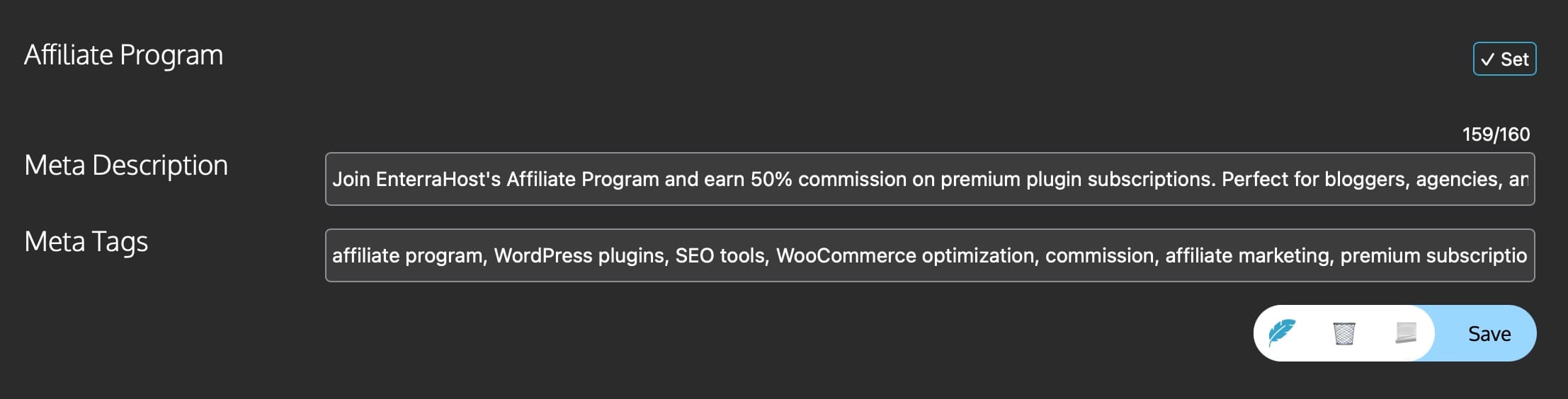 Affiliate program dashboard with meta description and tags for EnterraHost offering 50% commission and marketing tools.