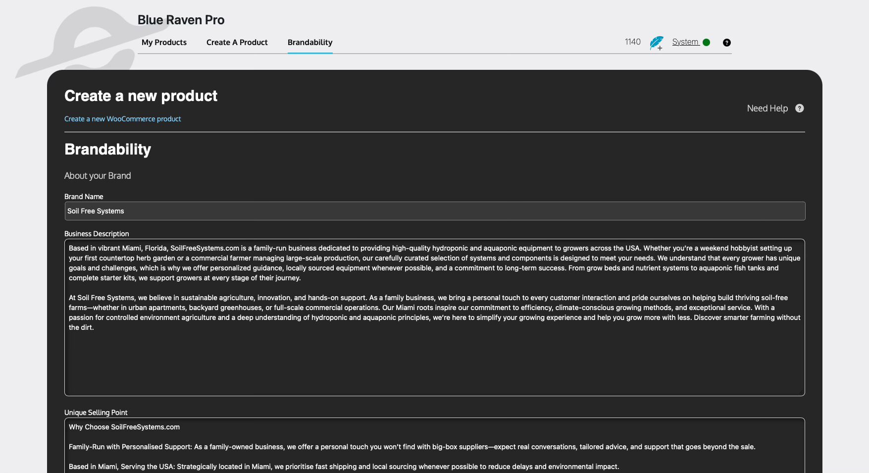 Create a product page for Brandability with brand details for Soil Free Systems on the Blue Raven Pro site interface.