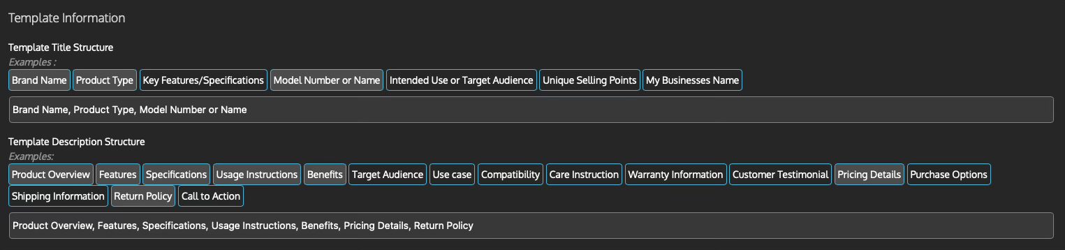 Template guide for product listing: Title and description structure with examples for brand, features, and usage.