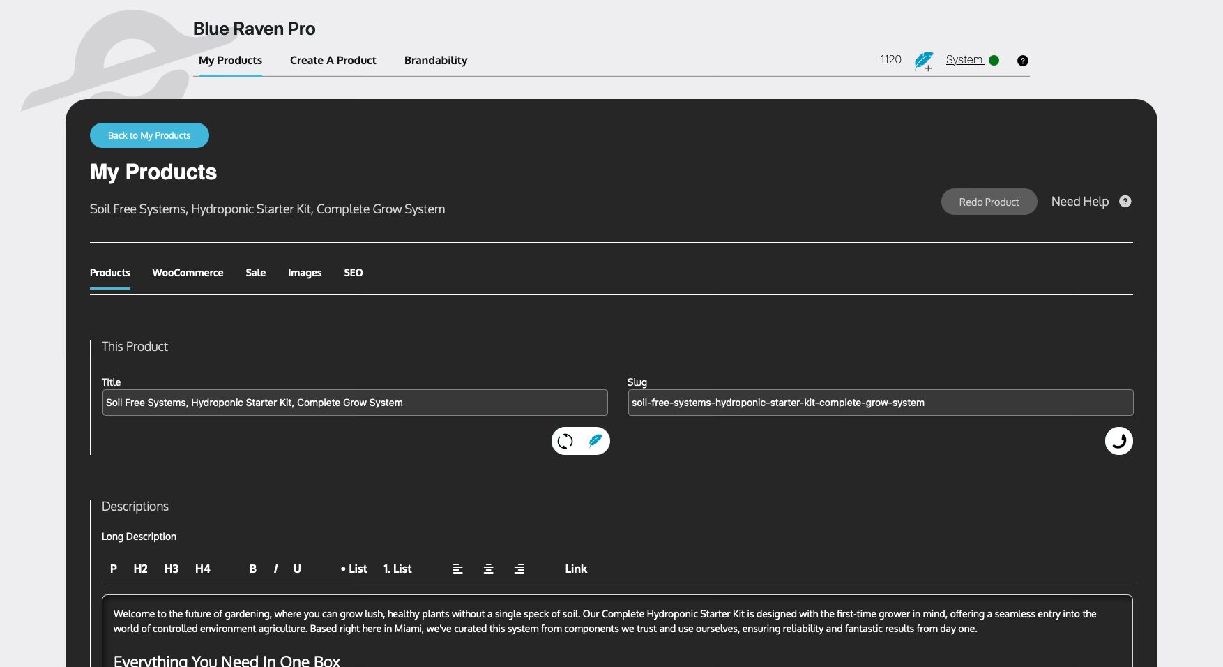 WooCommerce product page for "Soil Free Systems, Hydroponic Starter Kit, Complete Grow System" with description panel.