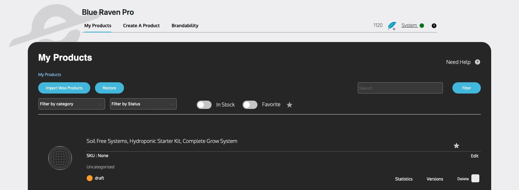 Dashboard interface for managing products, showing filters, search, and product list with status options.